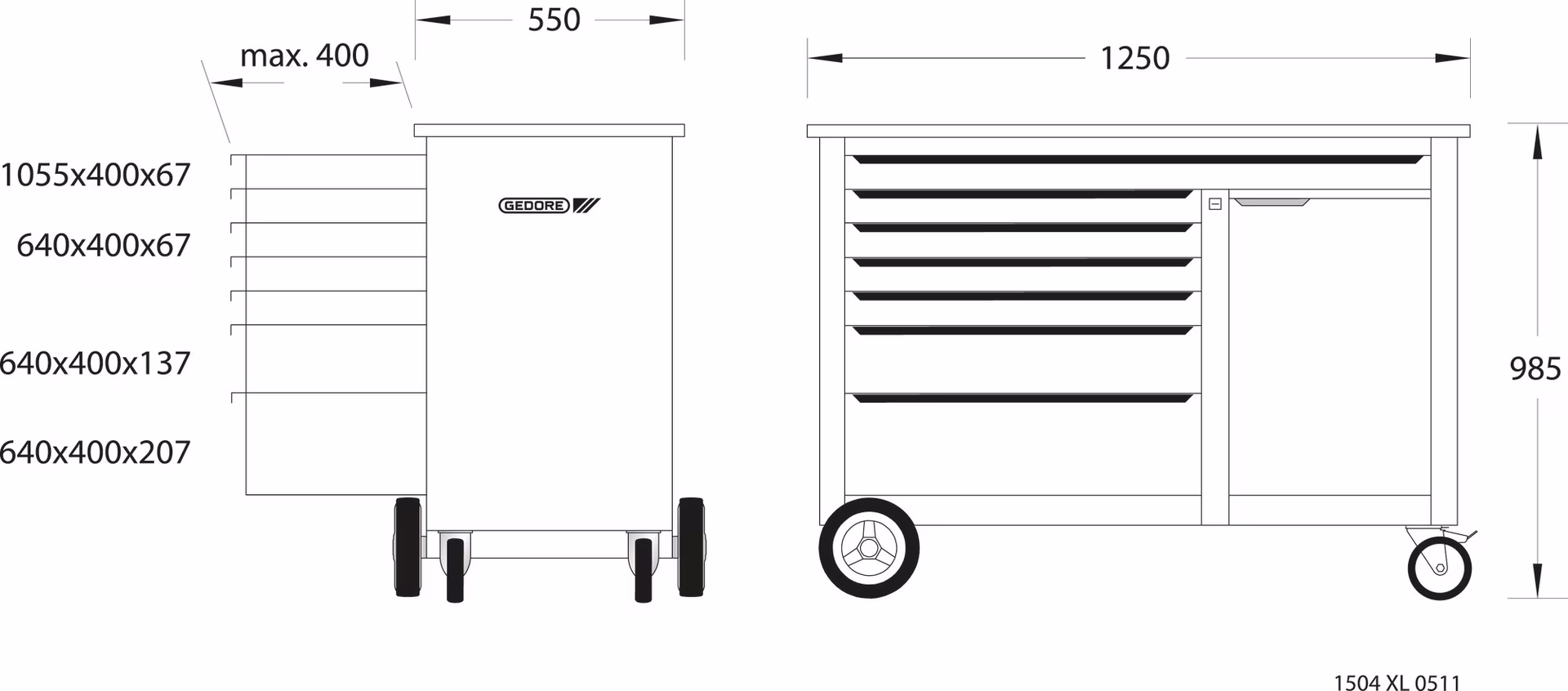 Rollwerkbank 1504 XL-TS-308 Außen-B1250xT630xH985mm 1000kg 308-tlg.