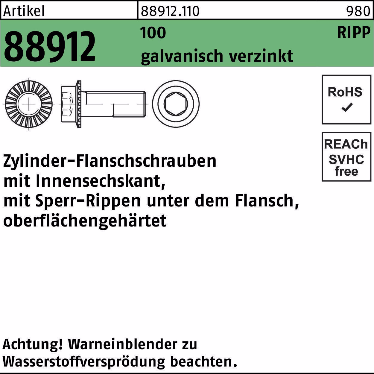 Zylinderflanschschraube R 88912 Sperr-Ripp Innen-6kt 100 galv.verz.