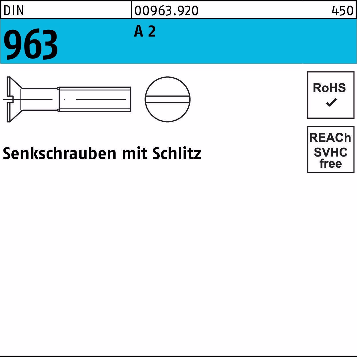 Senkschraube DIN 963 Schlitz M6x 35 A 2 50 Stück