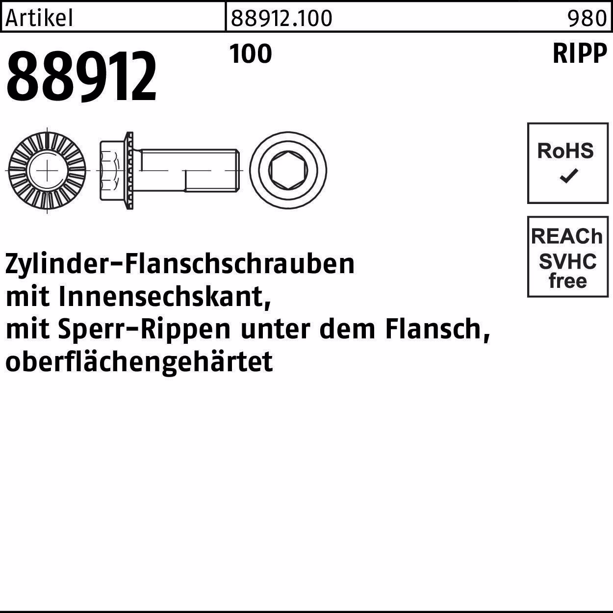 Zylinderflanschschraube R 88912 Sperr-Ripp Innen-6kt 100