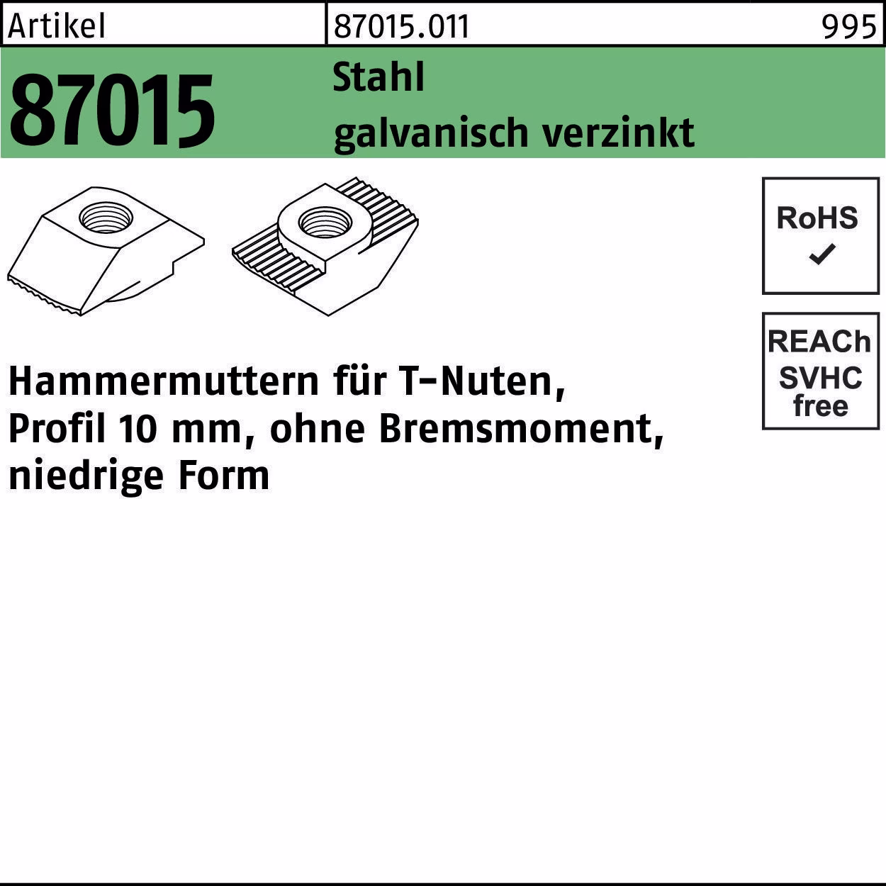 Hammerkopfmutter R 87015 o.Bremsmoment niedrig 10mm Stahl galv.verz.