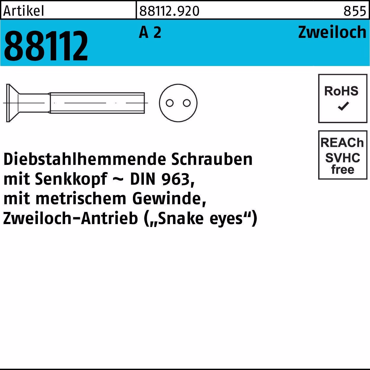Schraube R 88112 diebstahlhemmend Seko/Zweiloch 2 100