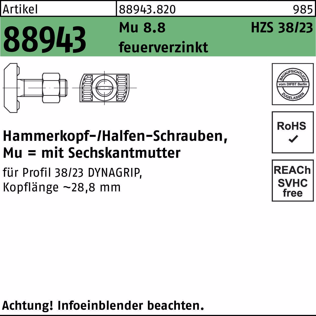 Hammerkopfschraube R 88943 6-ktmutter M16x60 Mu 8.8 feuerverz. 25St
