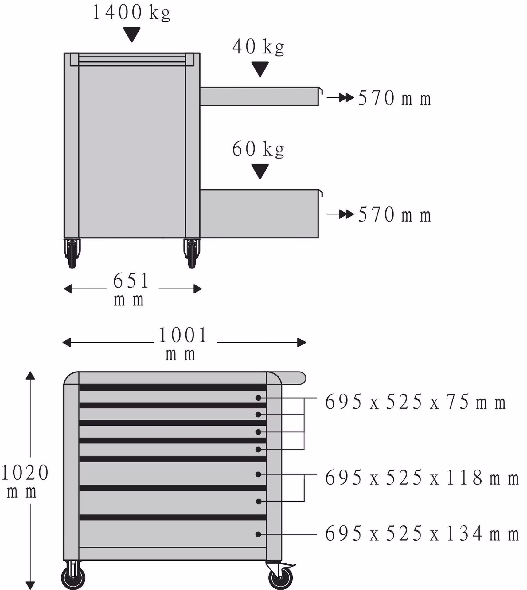 Werkstattwagen 98/7 PRO B651xT1001xH1020mm 1400kg 7 Schubl.