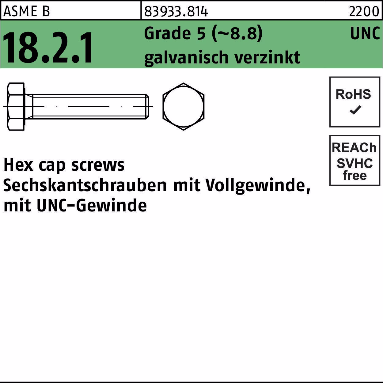 Sechskantschraube R 83933 UNC VG 1/2x3/4 Grade 5 (~8.8) galv.verz. 50St.