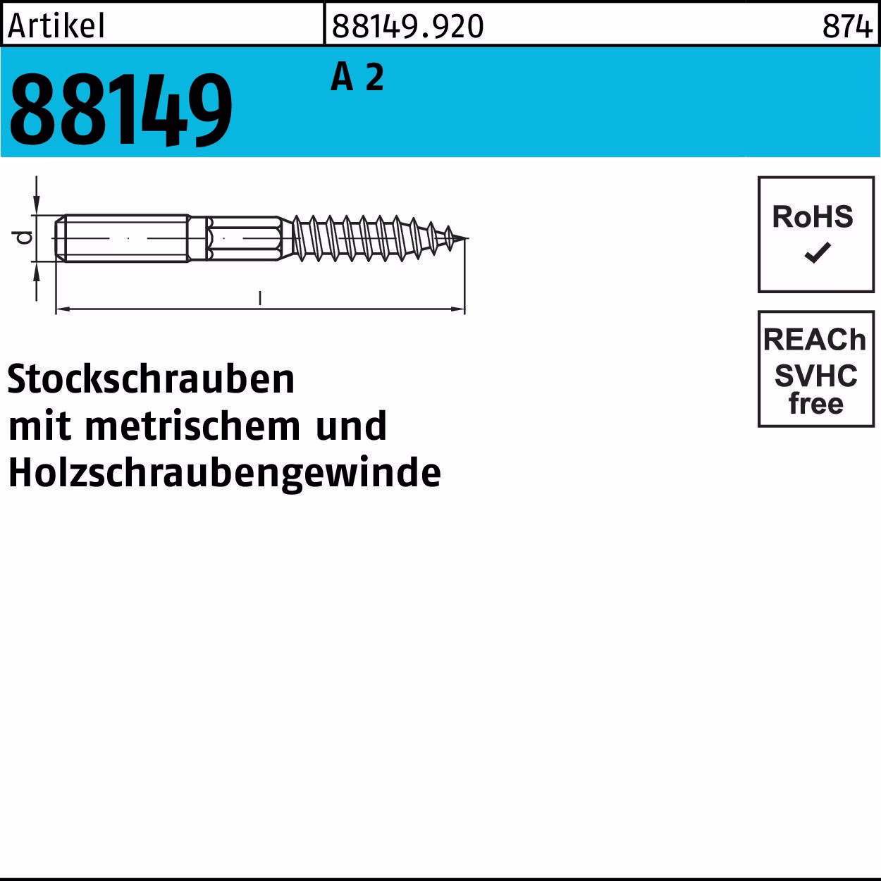 Stockschraube R 88149 Typ 23 E M6x 160 A 2 100 Stück