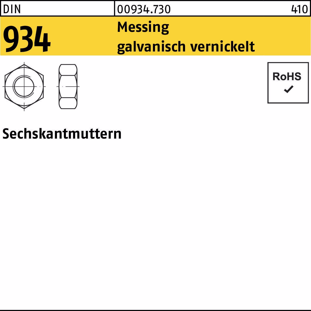 Sechskantmutter DIN 934 Messing galv. vernickelt