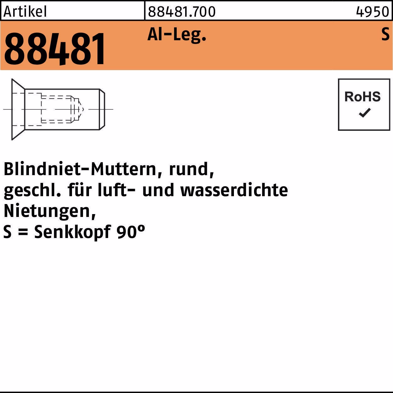 Blindnietmutter R 88481 SEKO M5 /1,5 -4,0 Aluminium 500 Stück