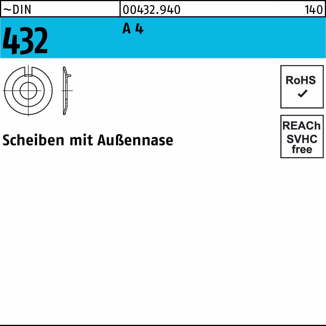 Scheibe DIN 432m.Außennase 15 A 4 25 Stück