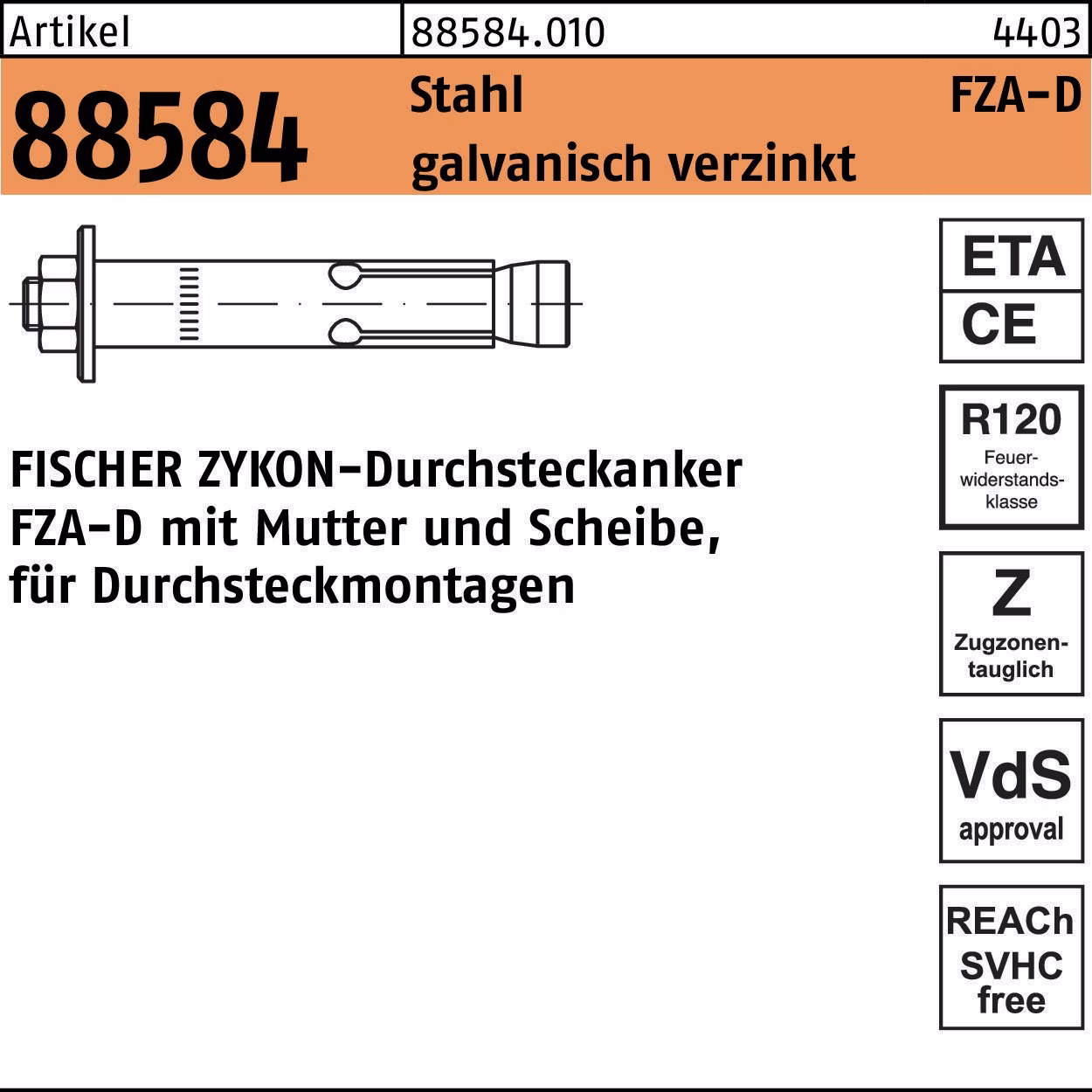 Durchsteckanker R 88584 ZYKON FZA-D 14x 80 M10D/20 Sta galv.verz. 10St
