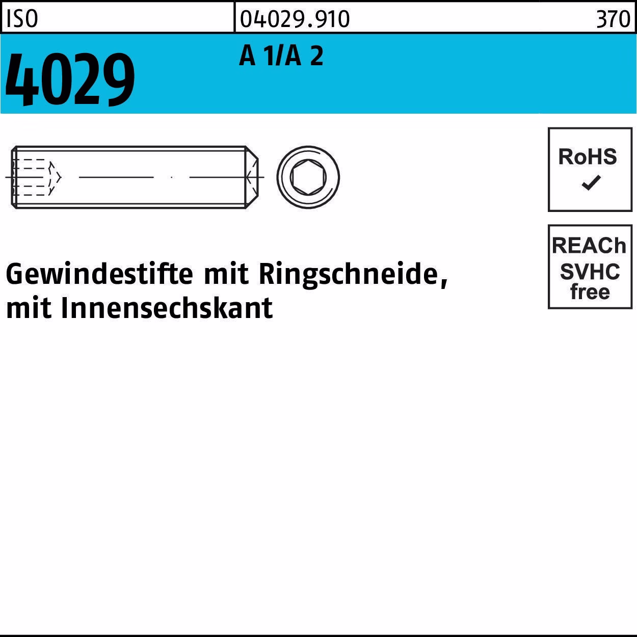 Gewindestift ISO 4029 Ringschneide/Innen-6kt M12x 12 A 2 50 Stück