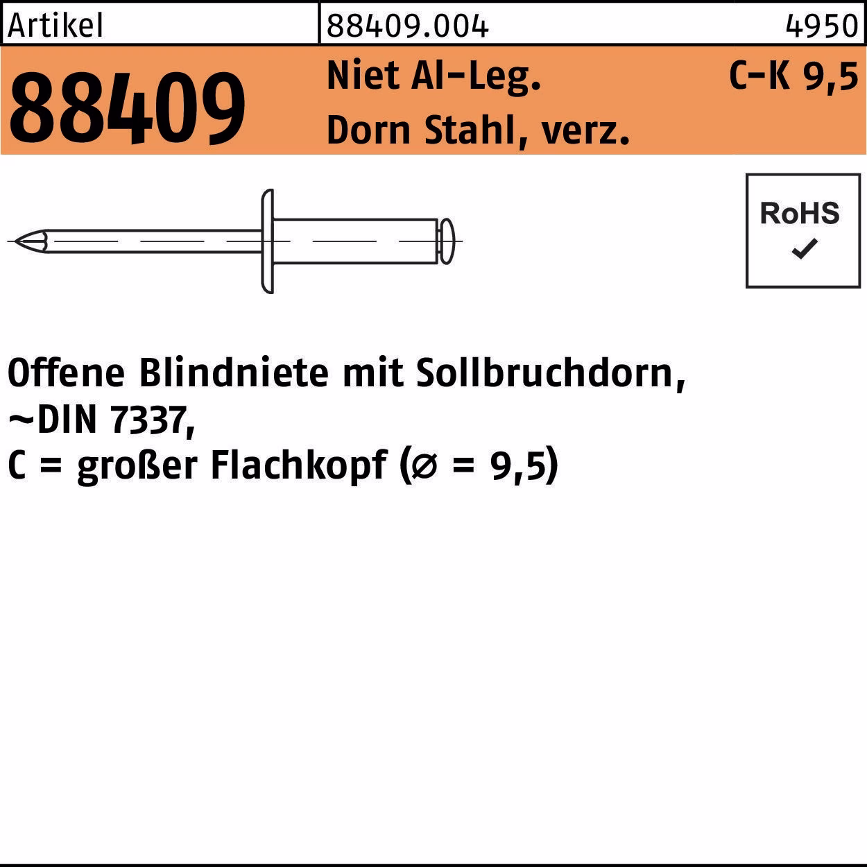 Blindniete R 88409 großer FLAKO 3,2x8 Niet Aluminium/Dorn Stahl verz. 500St.