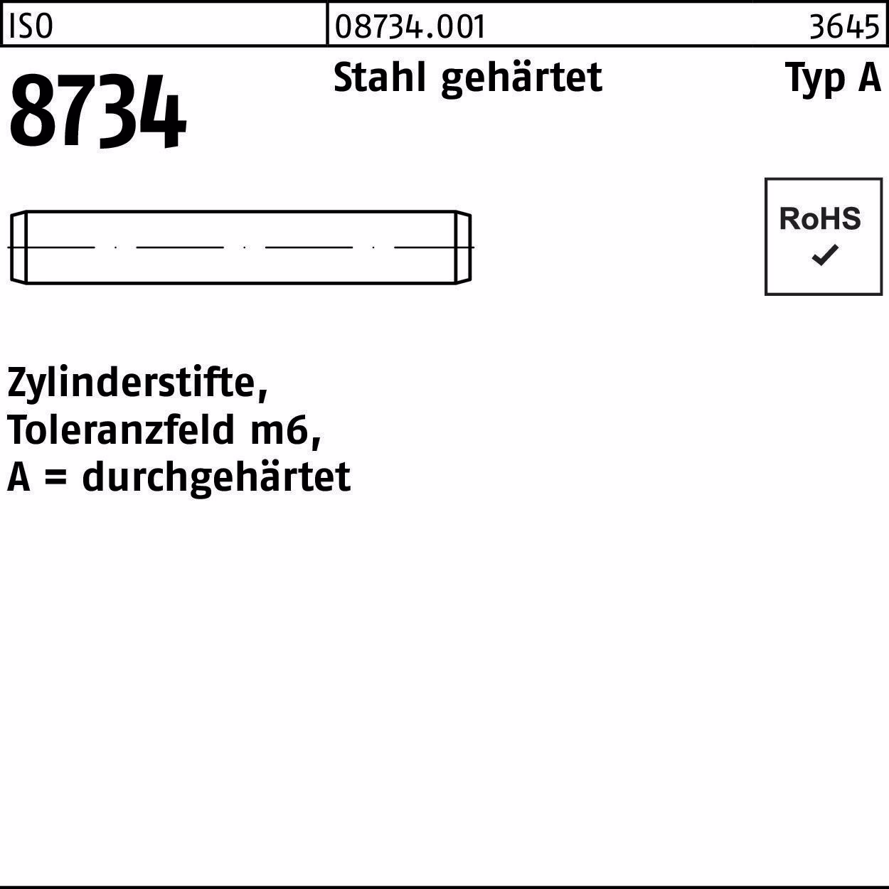 Zylinderstift ISO 8734 m6x Stahl gehärtet Toleranz m6