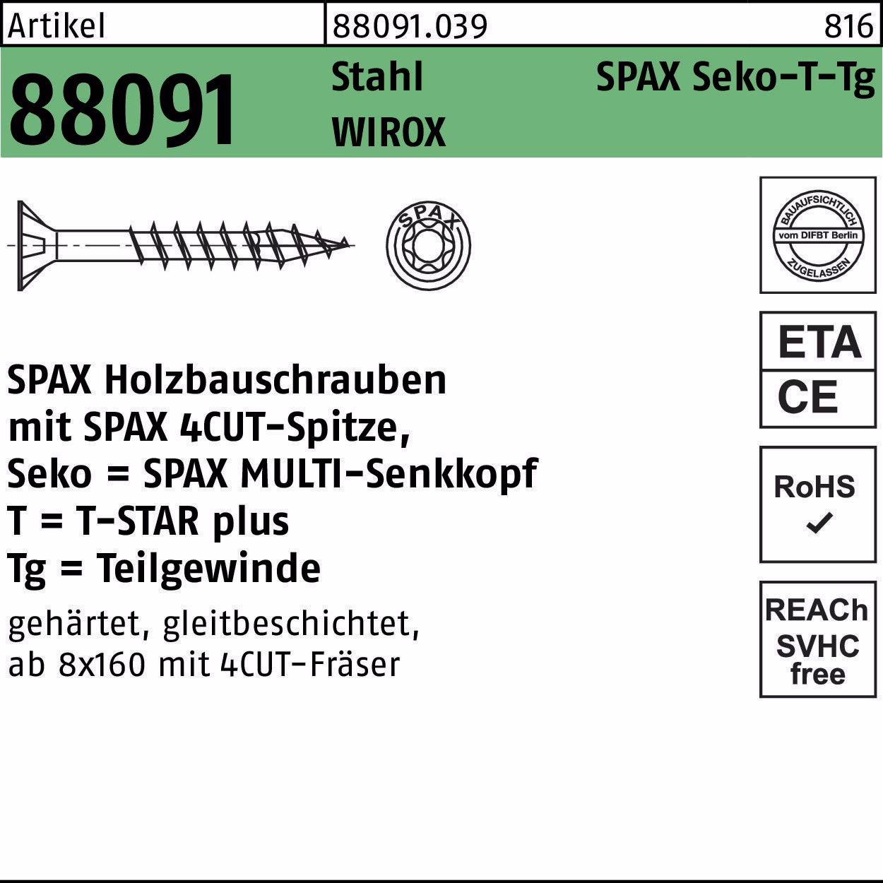 Schraube R 88091 SEKO/T-STAR TG 8x 80/47-T40 Stahl WIROX 50 Stück