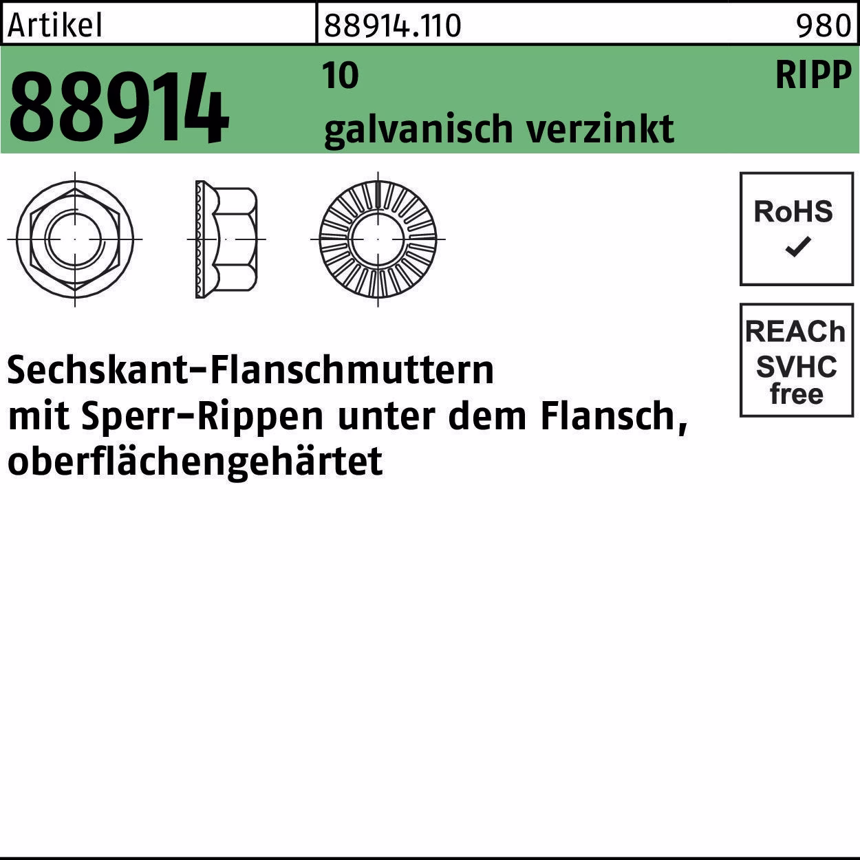 Sechskantflanschmutter R 88914 Sperr-Ripp 10