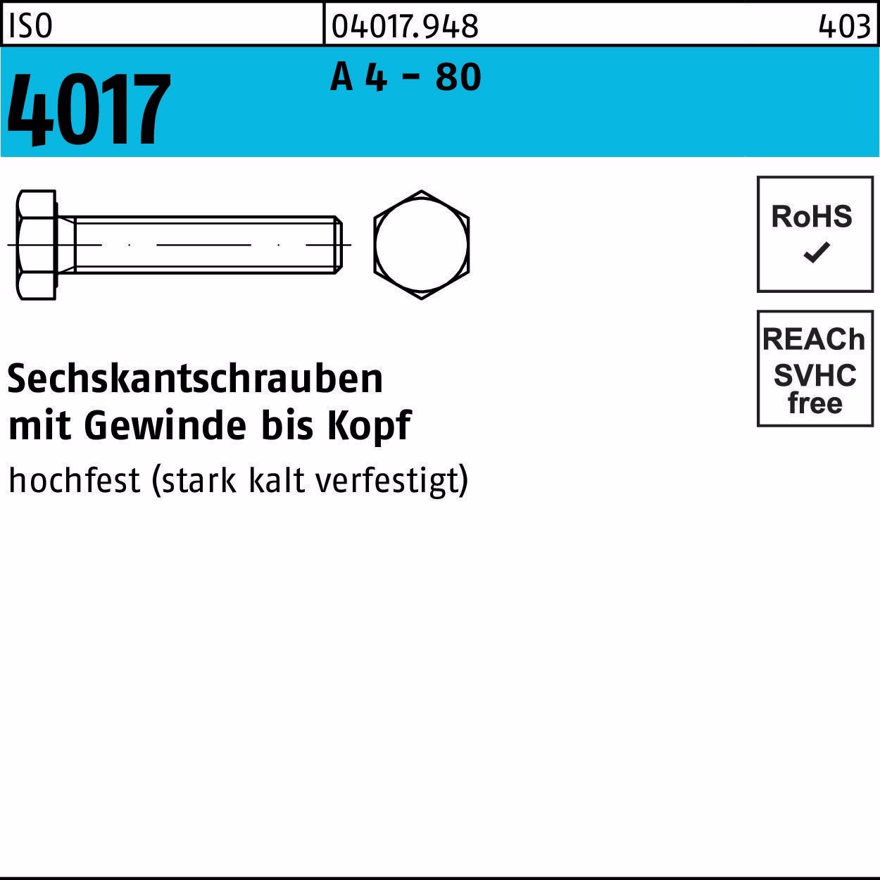 Sechskantschraube ISO 4017 VG M10x 100 A 4 - 80 50 Stück