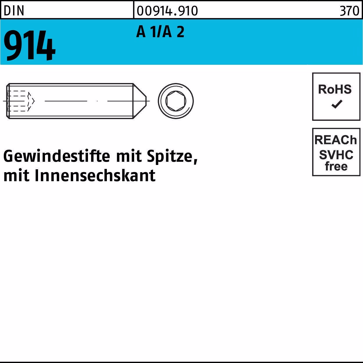 Gewindestift DIN 914 Spitze/Innen-6kt M12x 16 A1/A2 50 Stück