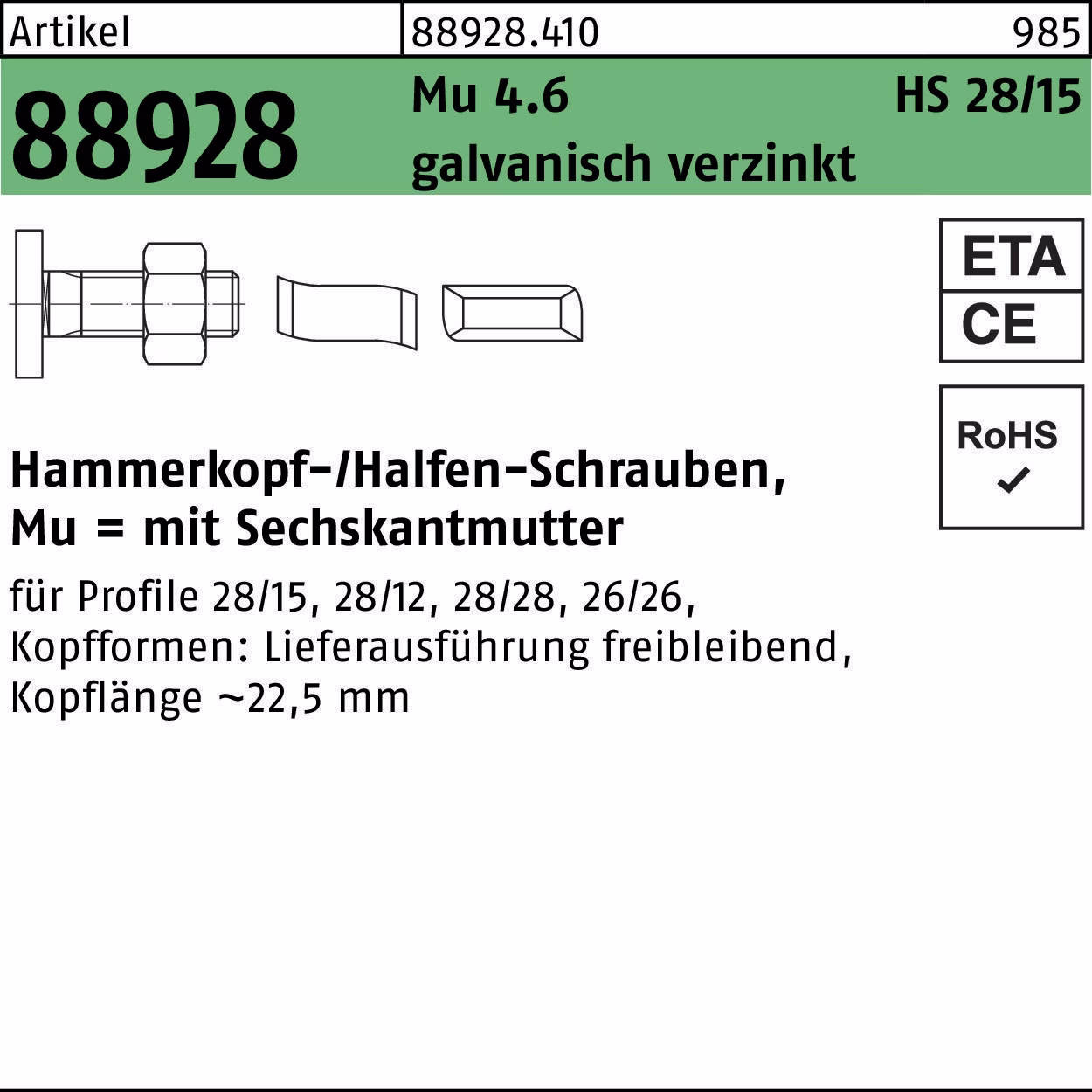 Hammerkopfschraube R 88928 28/15 6-ktmutter