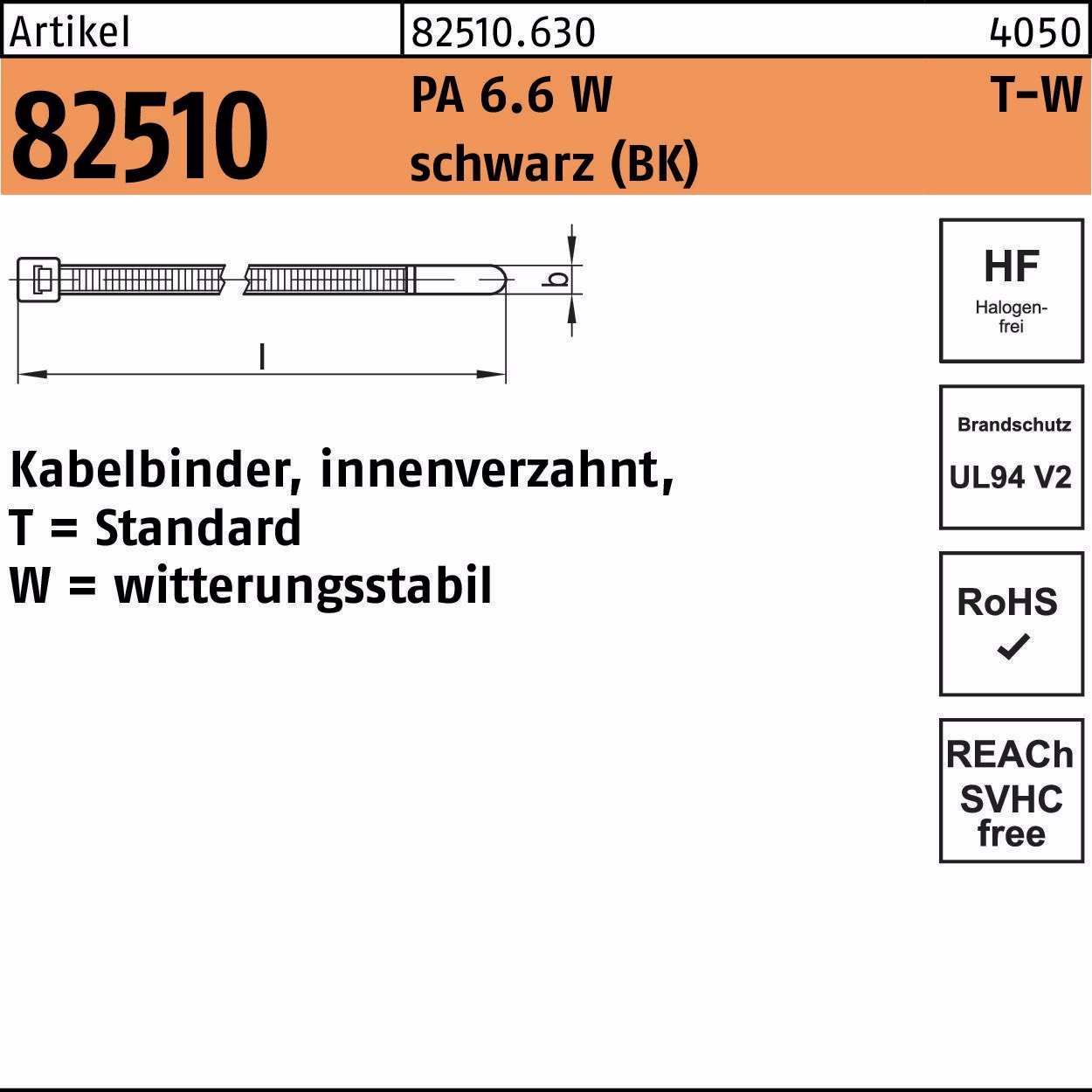 Kabelbinder R 82510 innenverzahnt Polyamid 6.6 W schwarz witterungsstabil HELLERMANNTYTON