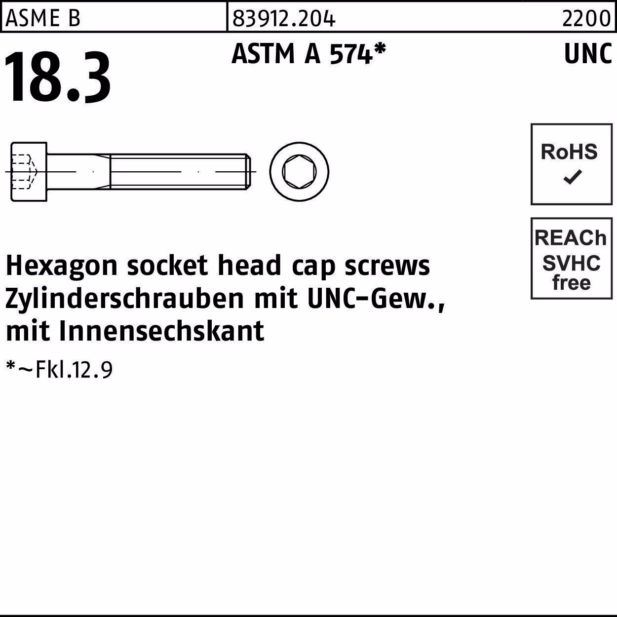 Zylinderschraube R 83912 UNC-Gewinde/Innen-6kt ASTM A 574