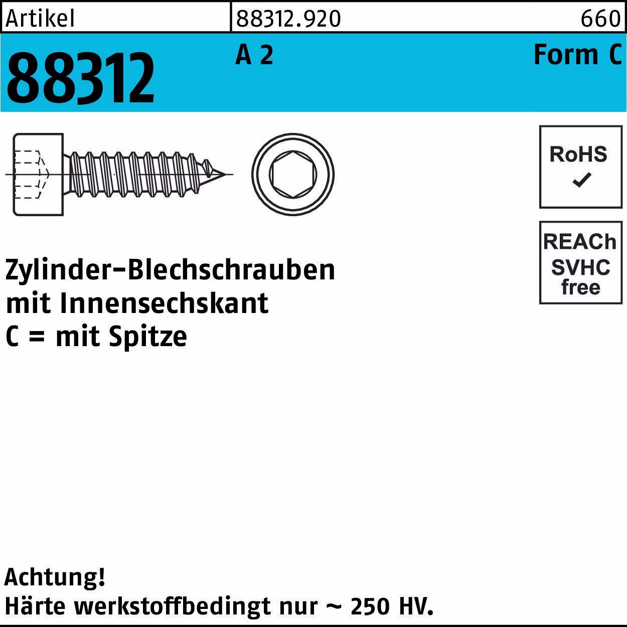 Zylinderblechschraube R 88312 Spitze/Innen-6kt C 2