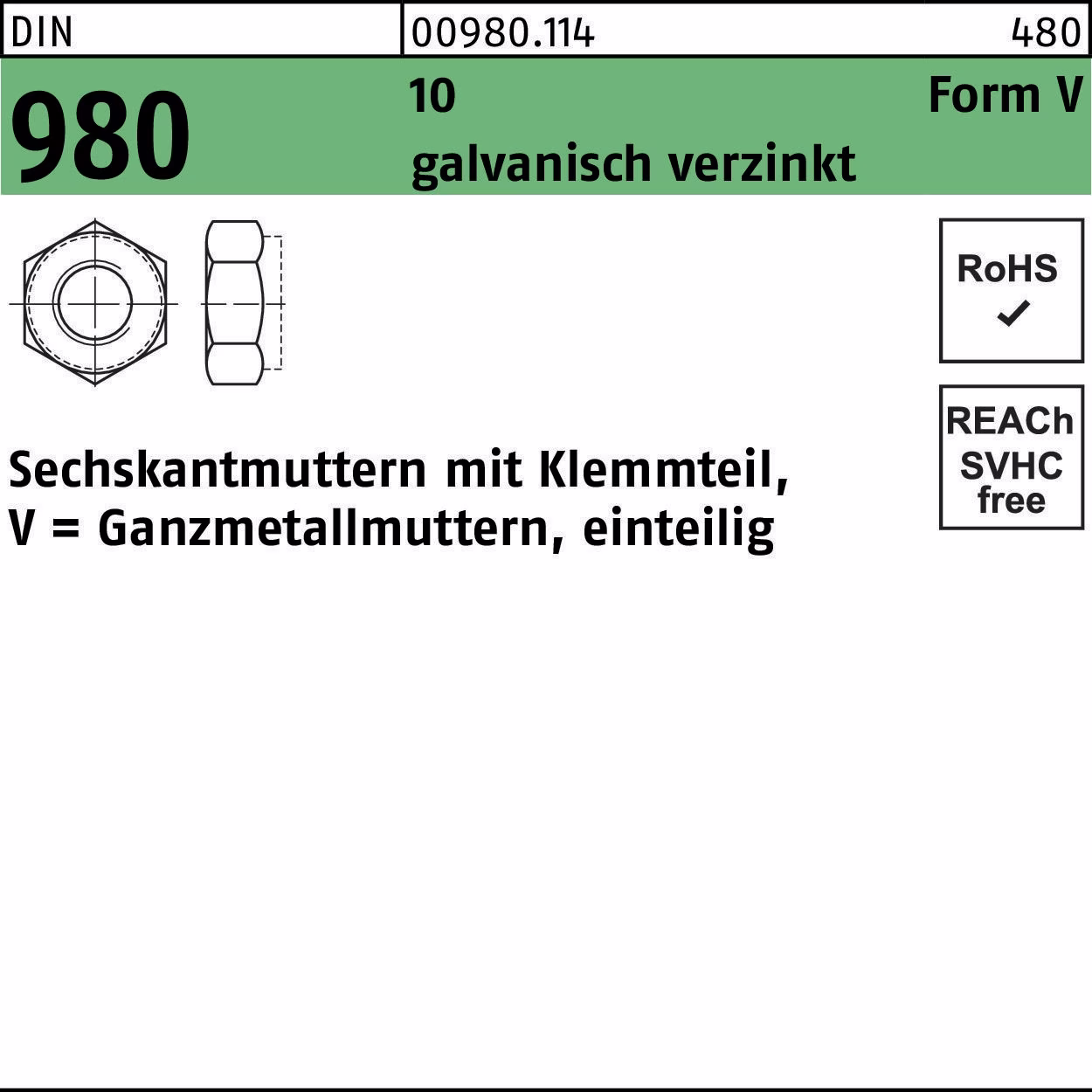 Sechskantmutter DIN 980 Klemmteil VM 10 galv.verz.