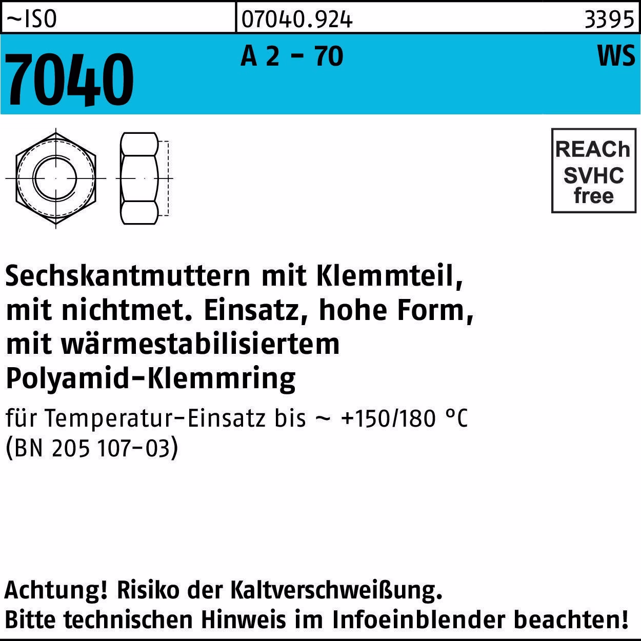 Sechskantmutter ISO 7040 Klemmteil A 2 - 70 brauner Ring