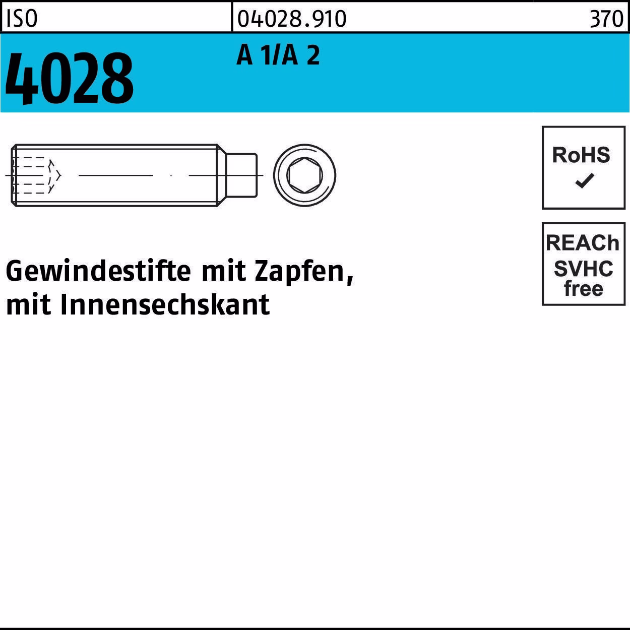 Gewindestift ISO 4028 Zapfen/Innen-6kt M12x 16 A 1/A 2 50 Stück