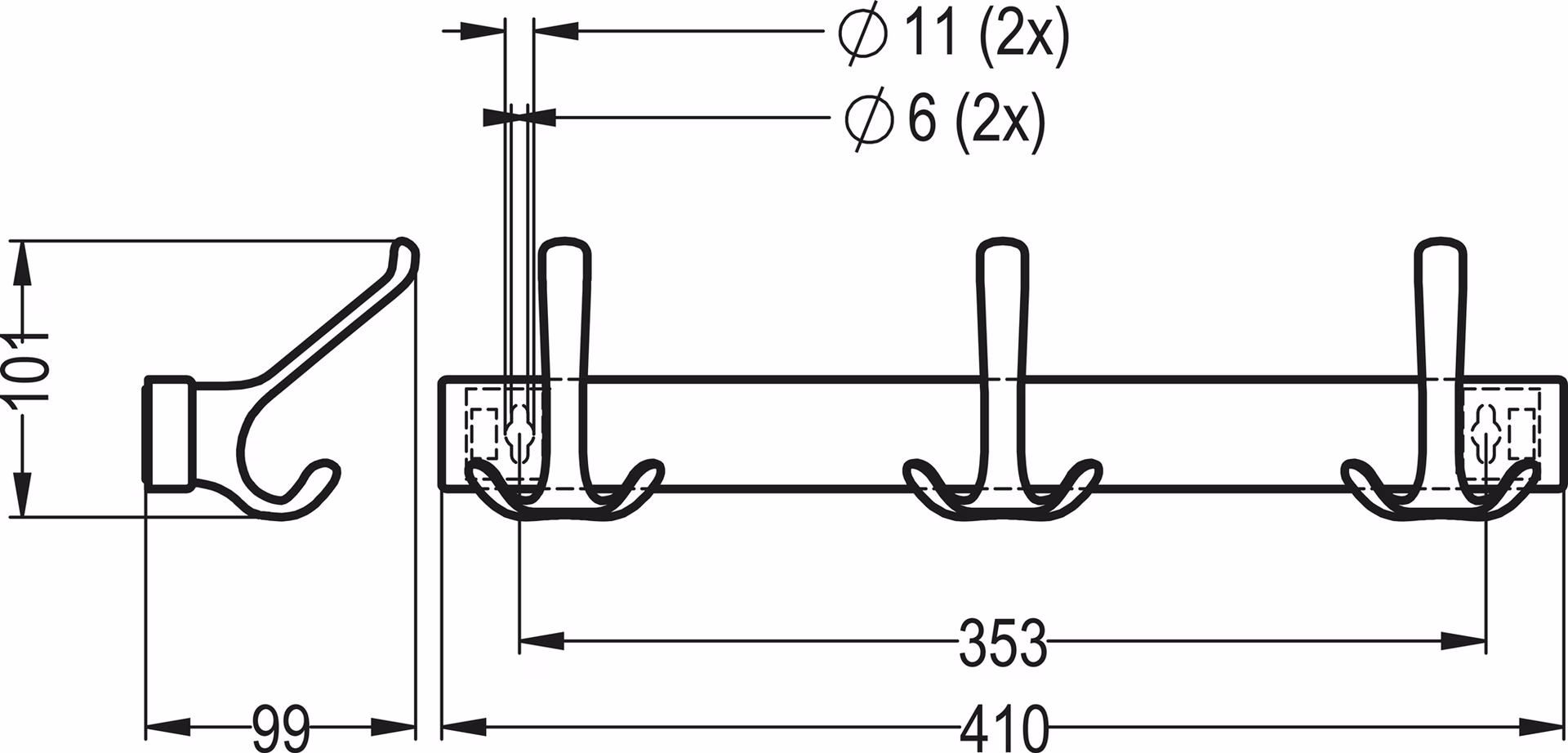 Huthakenleiste 0822-0823 3 Hak.A.96mm LM silberf.elox.H.102mm