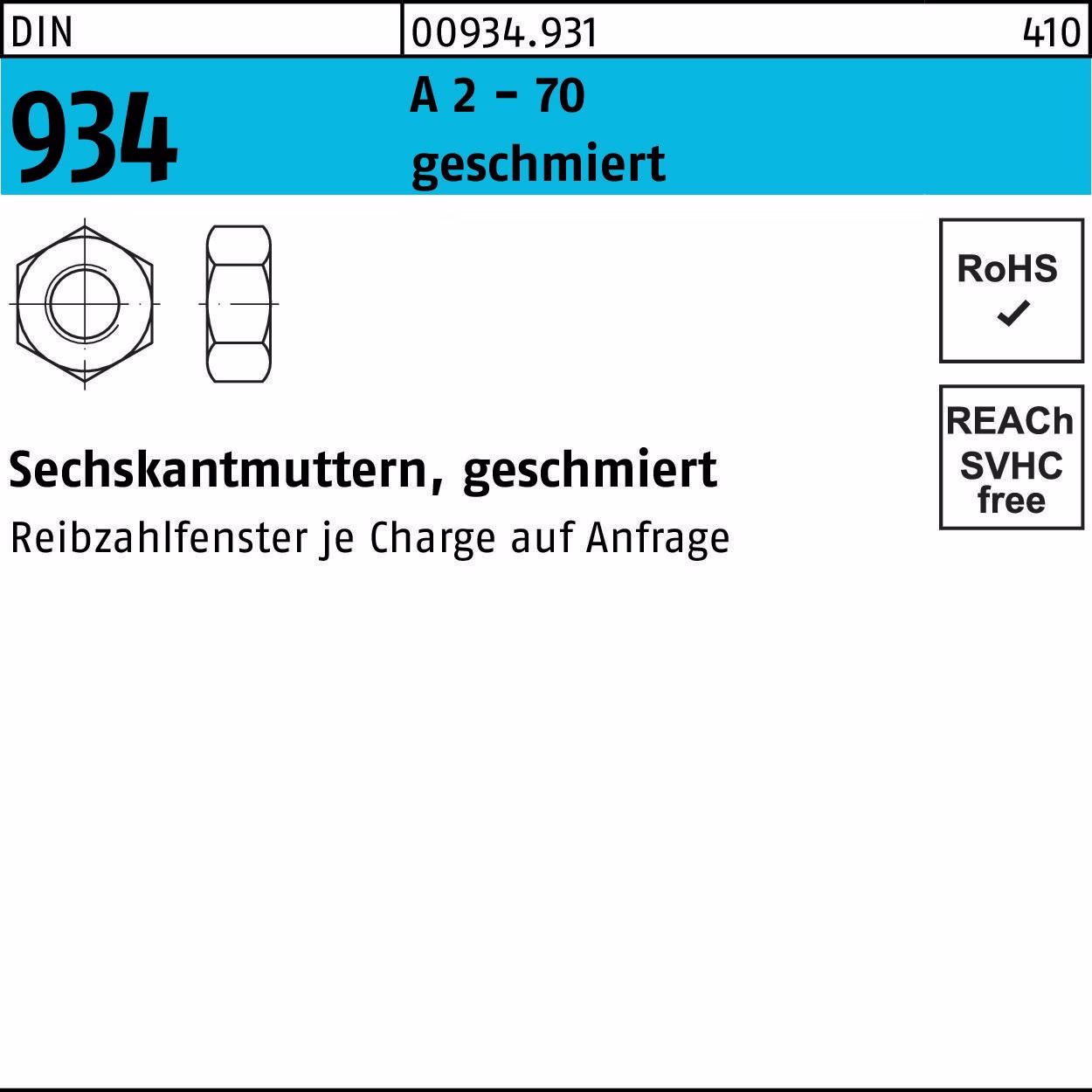 Sechskantmutter DIN 934 A 2 -70 geschmiert 250