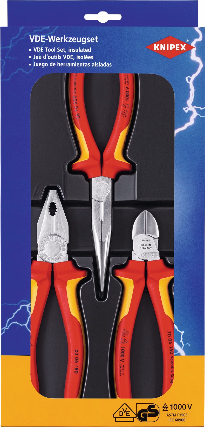 Zangensatz Elektro-Paket Inh.3tlg.VDE verchr.Kunststofftiefziehteil