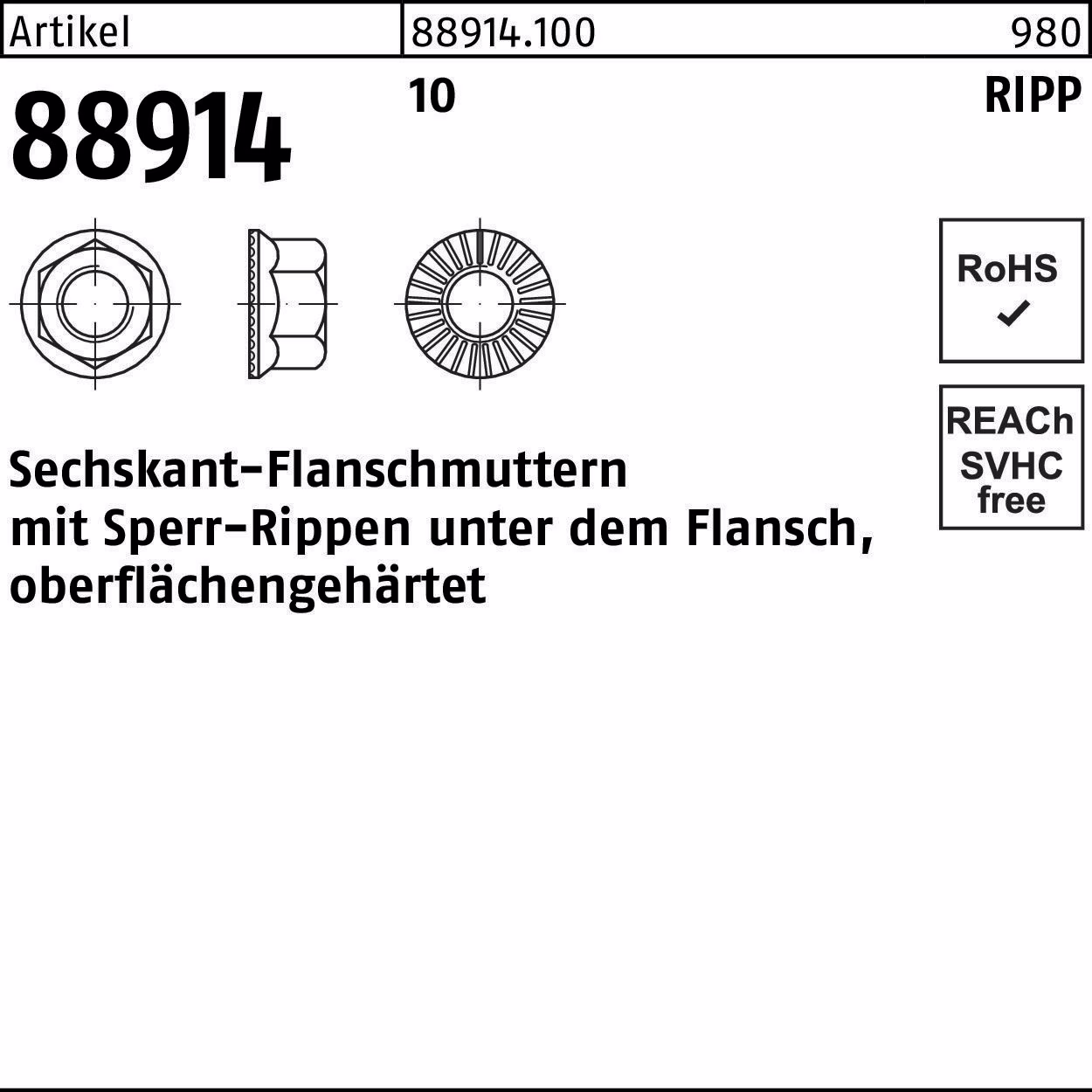Sechskantflanschmutter R 88914 Sperr-Ripp M16 10 50 Stück