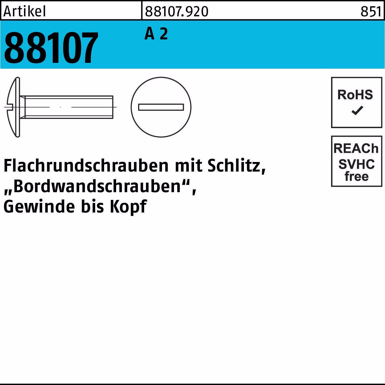 Flachrundschraube R 88107 Schlitz VG M5x 10 A 2 500 Stück