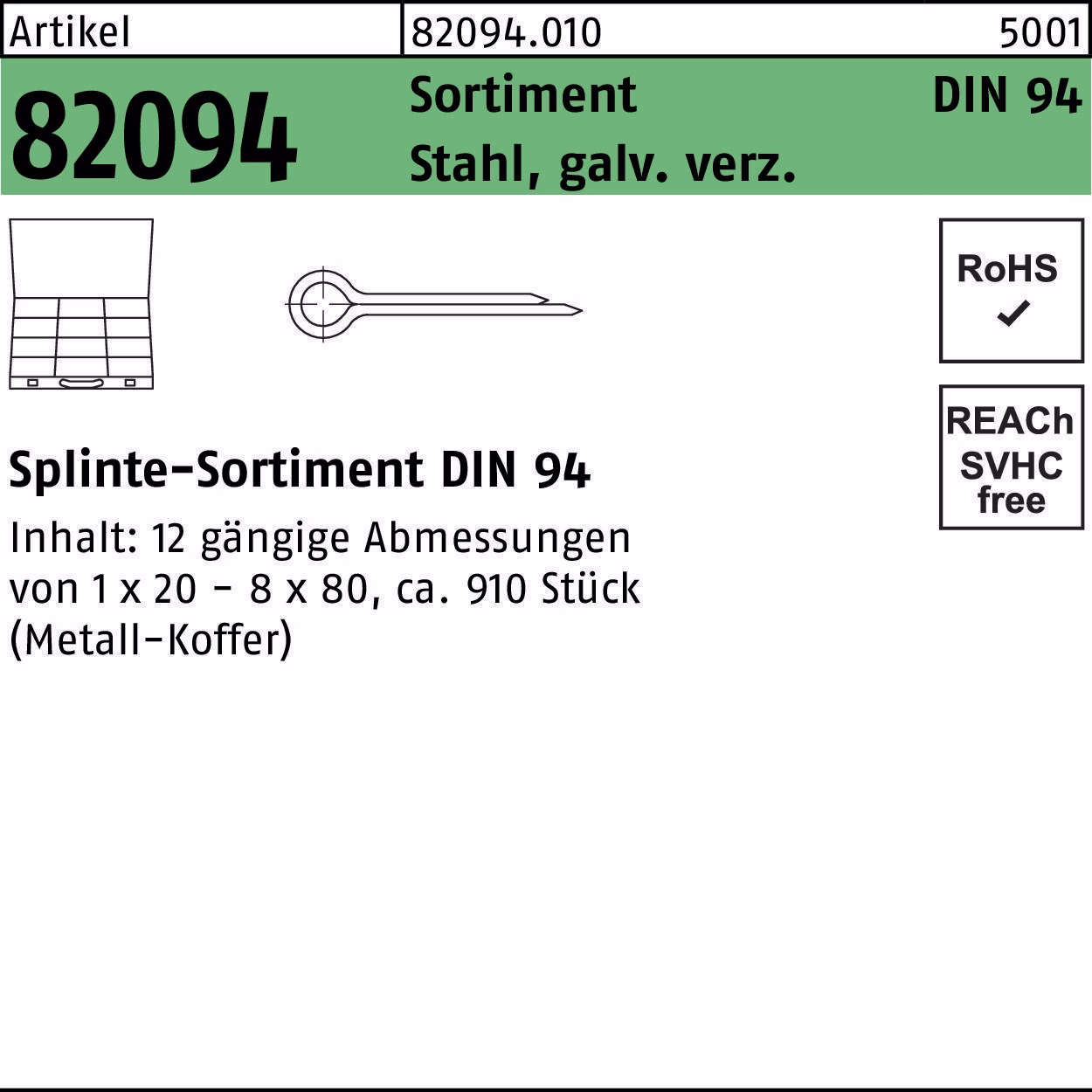 Splintensortiment DIN 94 910tlg. Stahl galv.verz. 1 Stück