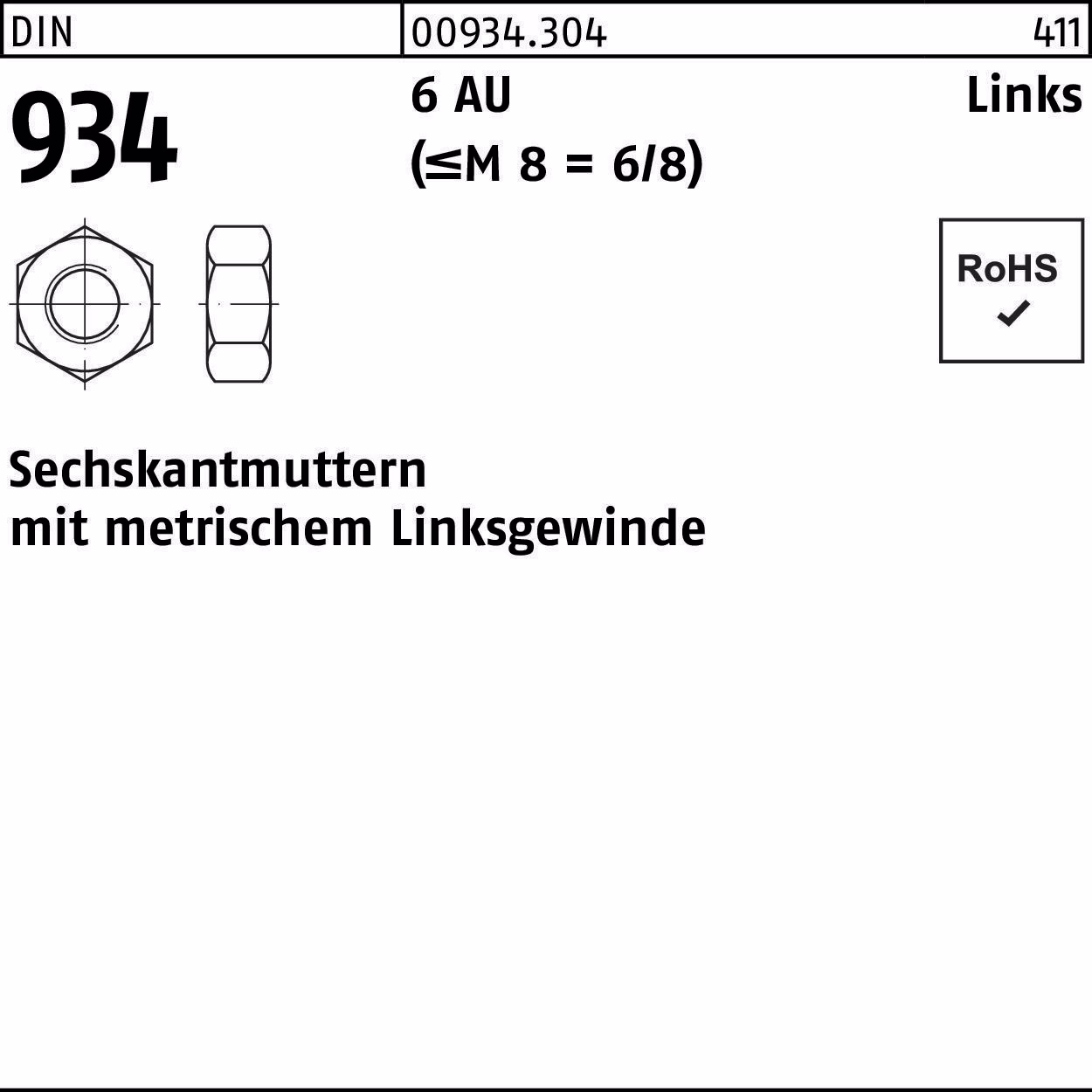 Sechskantmutter DIN 934 -LH 6 Automatenstahl