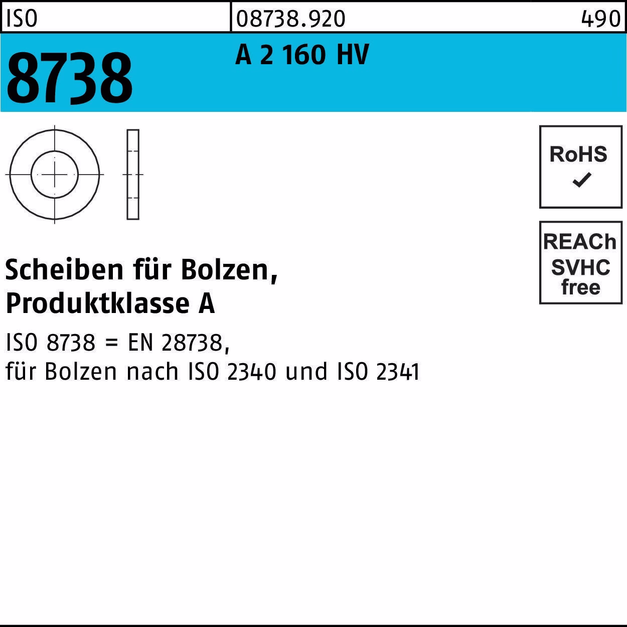 Unterlegscheibe ISO 8738 f.Bolzen 6 A 2 160 HV 50 Stück