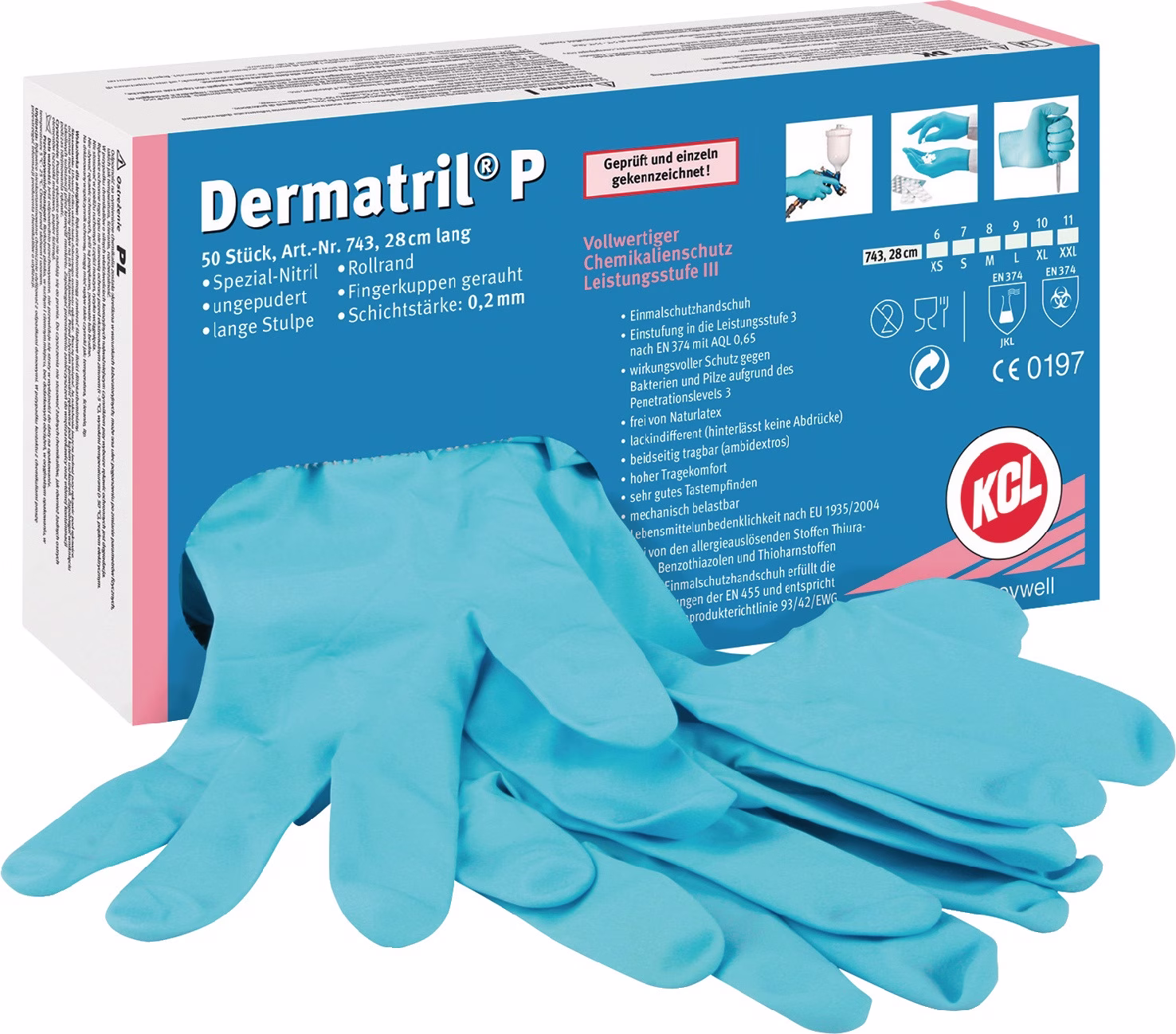 Einweghandschuhe Dermatril P 743 Nitril EN 374, EN 455 PSA-Kategorie III 50 Stück / Box HONEYWELL