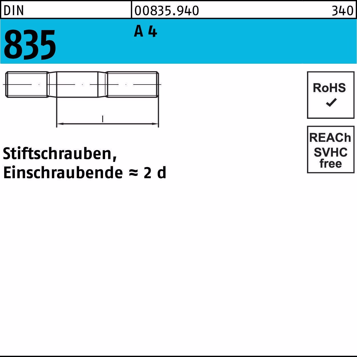Stiftschraube DIN 835 M6x 16 A 4 Einschraubende=2d 25 Stück