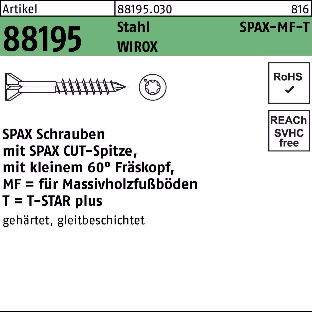 Schraube R 88195 SEKO SPAX-MF-T Stahl galvanisch verzinkt WIROX 500 Stück SPAX