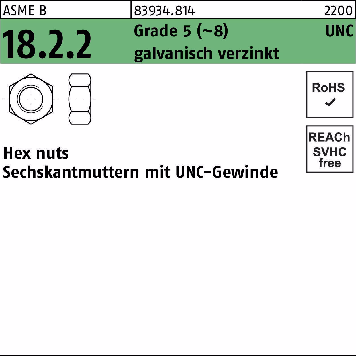Sechskantmutter R 83934 UNC-Gewinde 5/8 Grade 5 (~8) galv.verz. 50St.