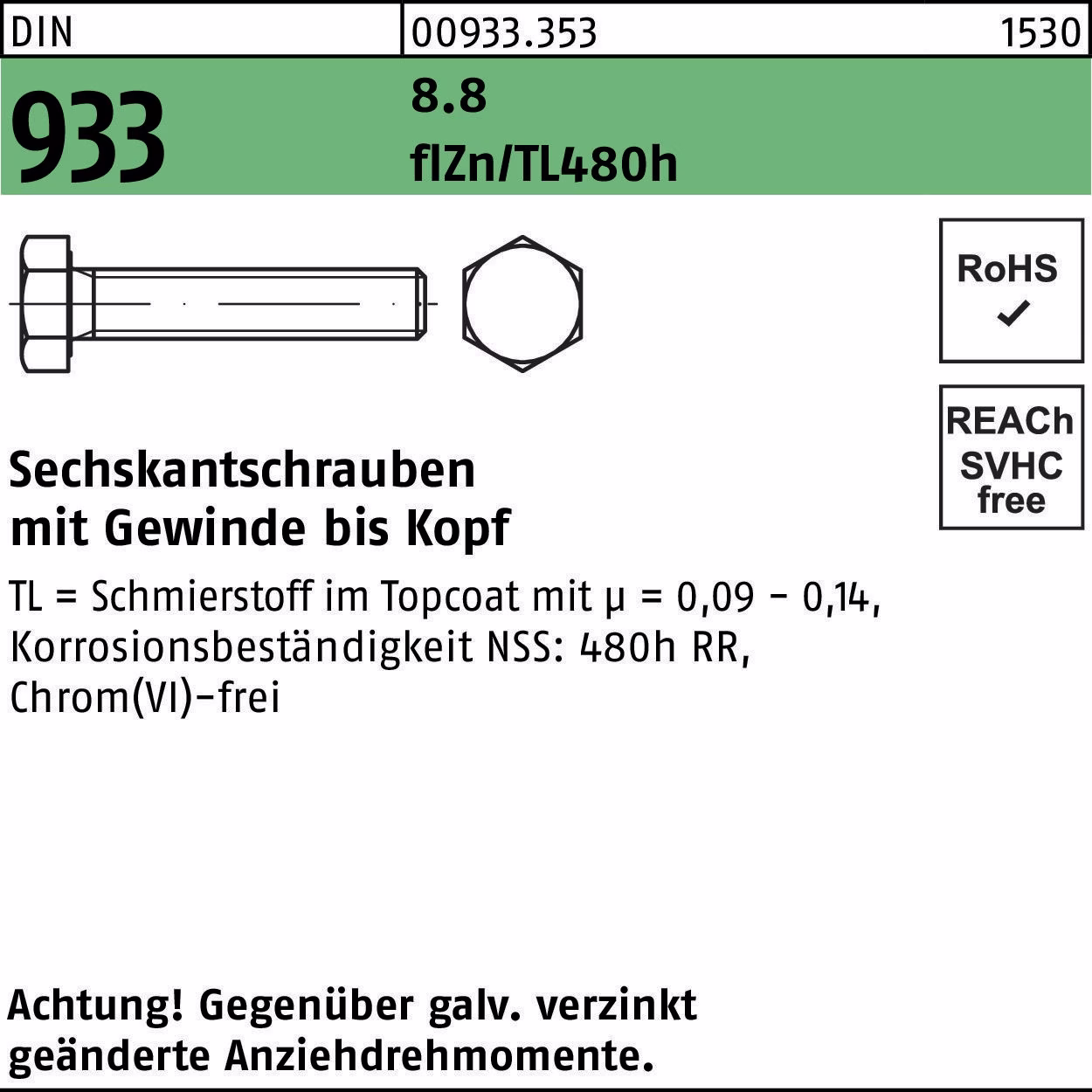Sechskantschraube DIN 933 VG M16x25 8.8 flZnnc 480h-L 50St.