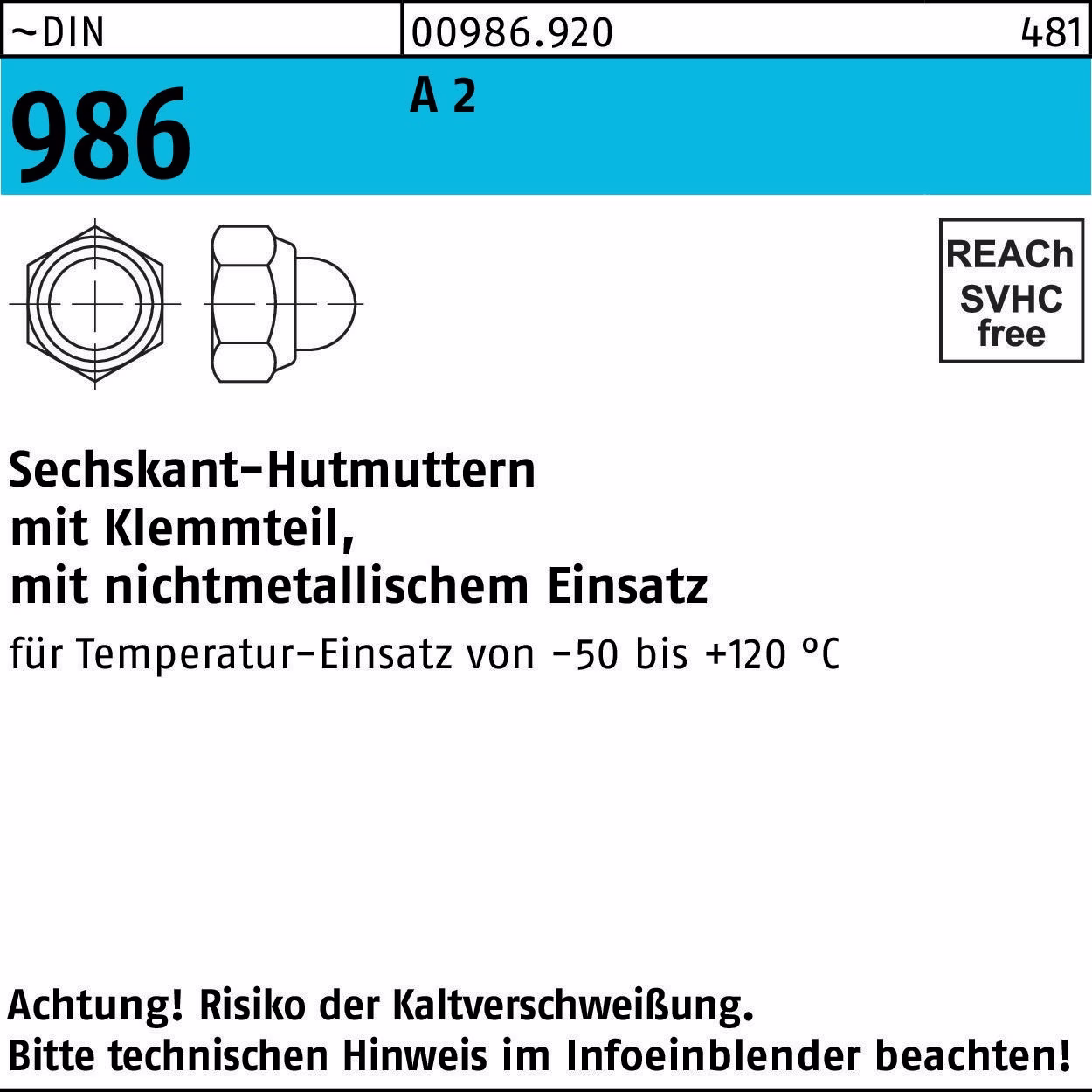 Sechskanthutmutter DIN 986 Klemmteil M12 SW 19 A 2 50 Stück