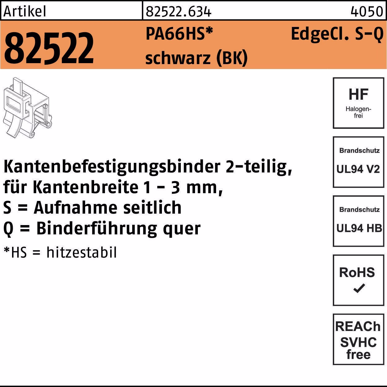 Befestigungsbinder R 82522 Edgecl. 4,6x200/45 PA66HS sw SQ 500St