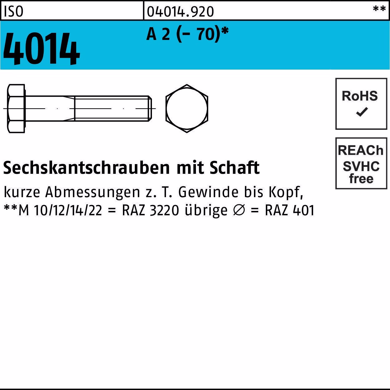 Sechskantschraube ISO 4014 Schaft M6x 110 A 2 (- 70) 50 Stück
