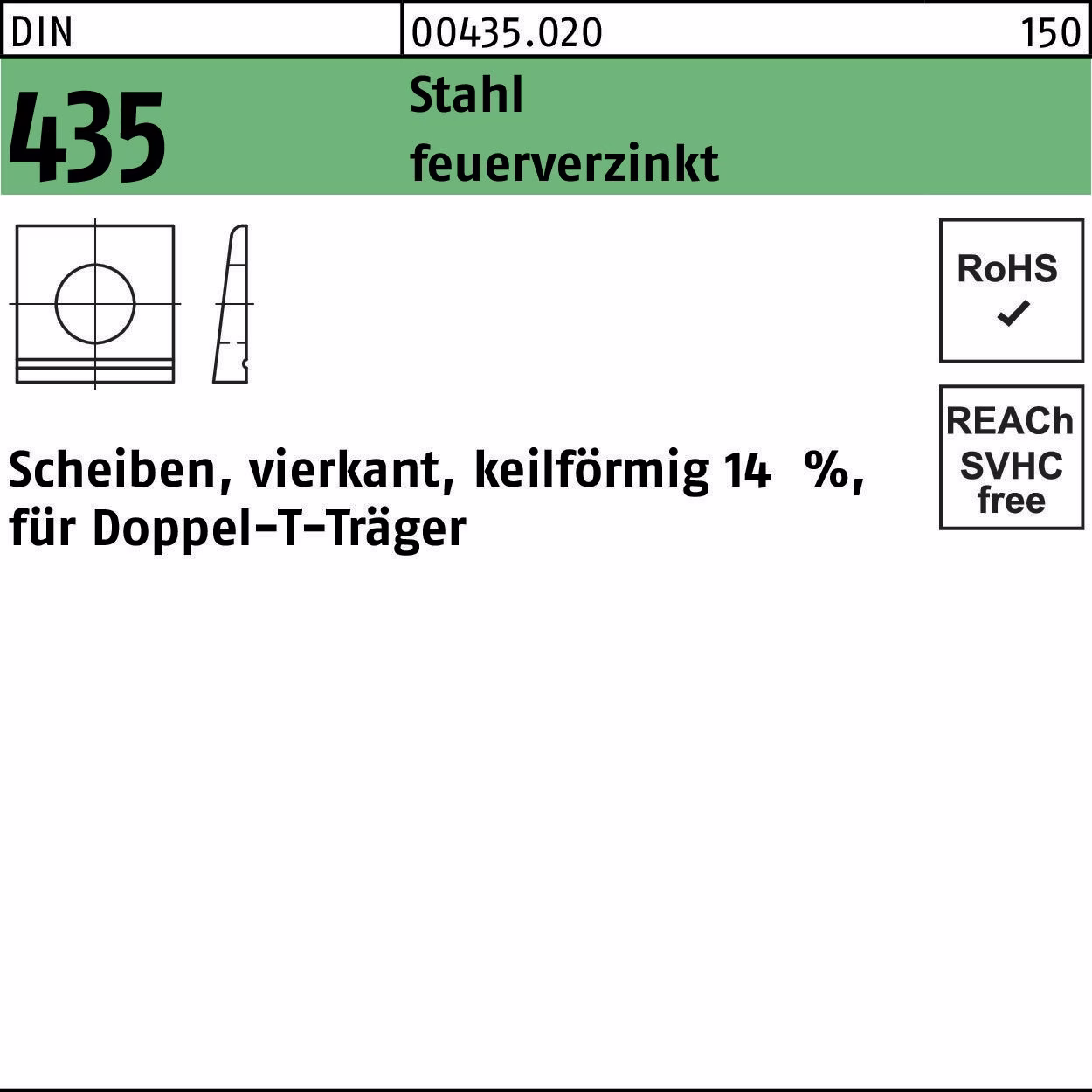 I-Scheibe DIN 435 vierkant keilförmig Stahl feuerverz. Neigung 14%