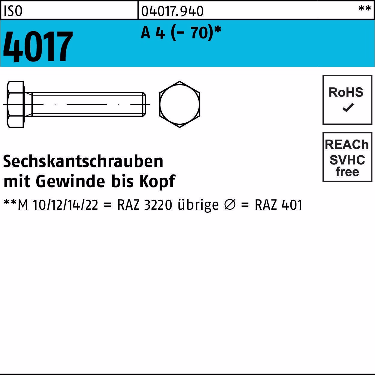 Sechskantschraube ISO 4017 VG M6x 65 A 4 (- 70) 50 Stück