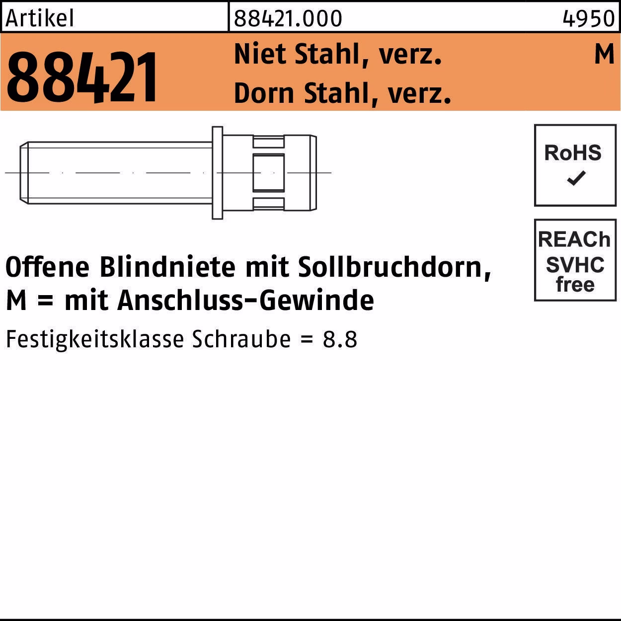 Blindnietschraube R 88421 m.Gewinde Niet Stahl verzinkt/Dorn Stahl verzinkt GESIPA