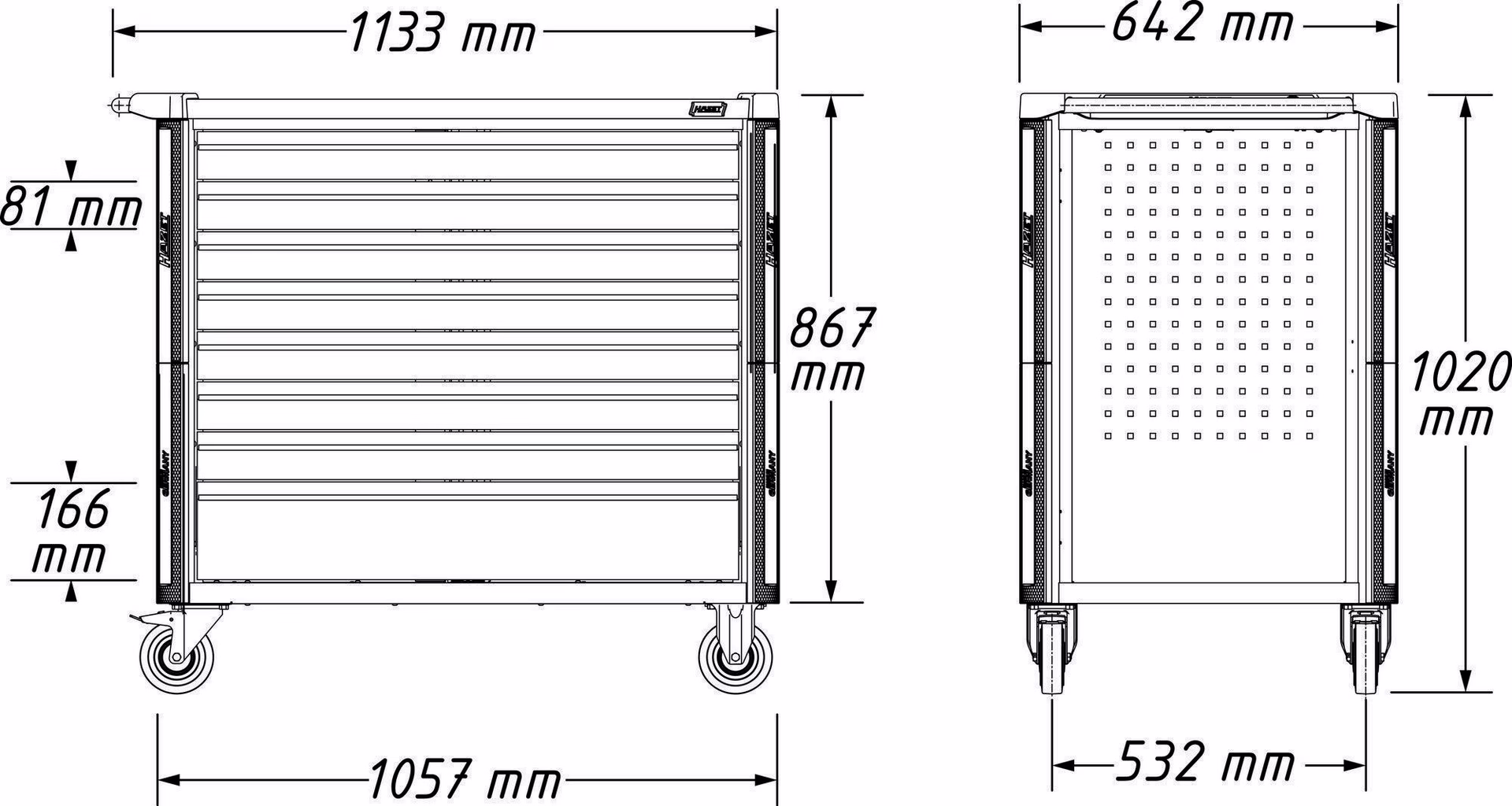 Wkz.wagen 179NXXL-8D B1133xT642xH1020mm 1000kg 8 Schubl.leer Stahlbl