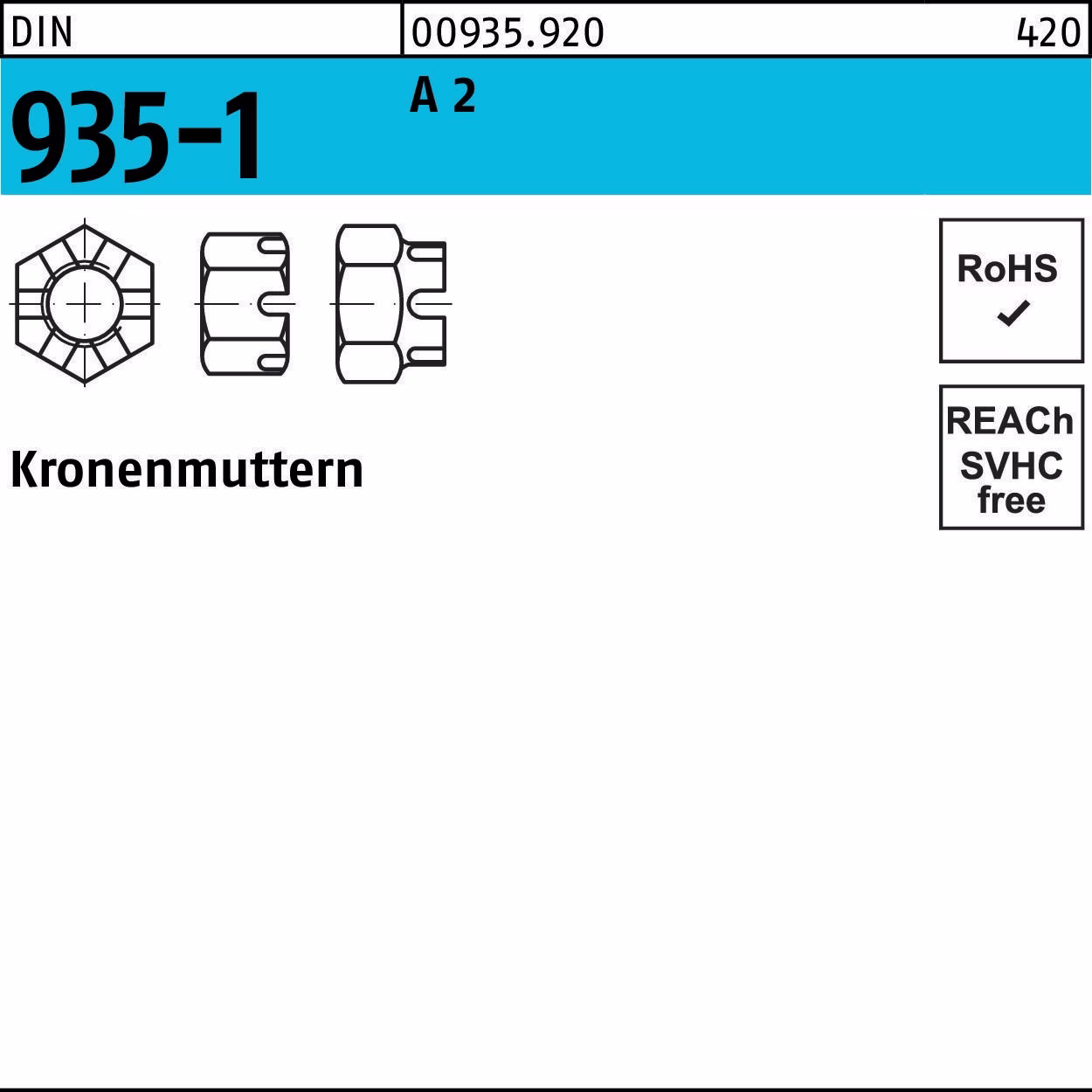 Kronenmutter DIN 935-1 M6 A 2 50 Stück
