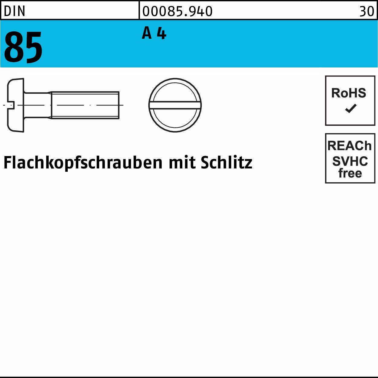 Flachkopfschraube DIN 85 m.Schlitz M6x 35 A 4 50 Stück